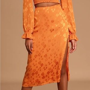 Lulus - Good Impression Orange Floral Jacquard Midi Skirt (S)